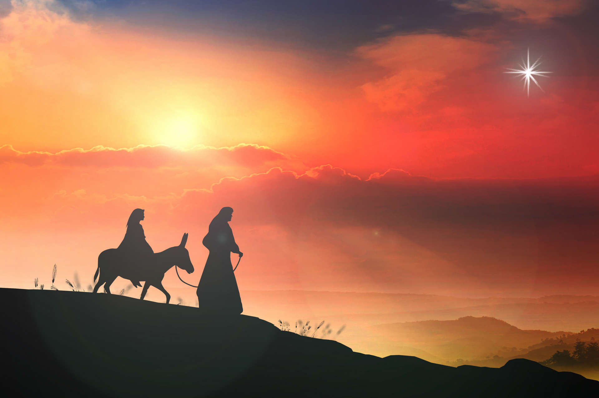 Christmas,Religious,Nativity,Concept:,Silhouette,Pregnant,Mary,And,Joseph,With
